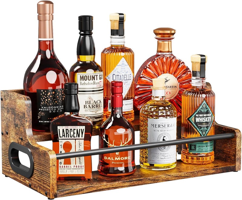 KLM Liquor Bottle Display Shelf, Coffee Syrup Rack Organizer, 2 Step Countertop Liquor Wine Rack, mini bar,Liquor Cabinet, Home Retro Bar Shelf Stand for Liquor Whiskey, Spirits, Brown - Image 1